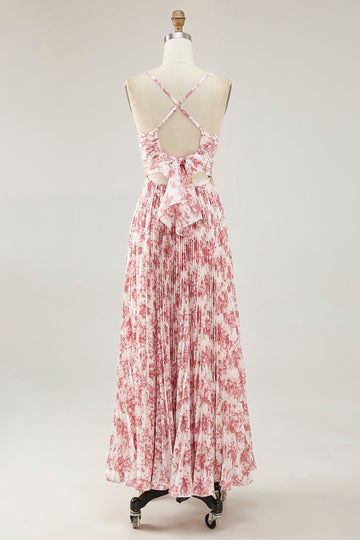 Blush Floral Pleated A Line Spaghetti Straps Long Wedding Guest Dress